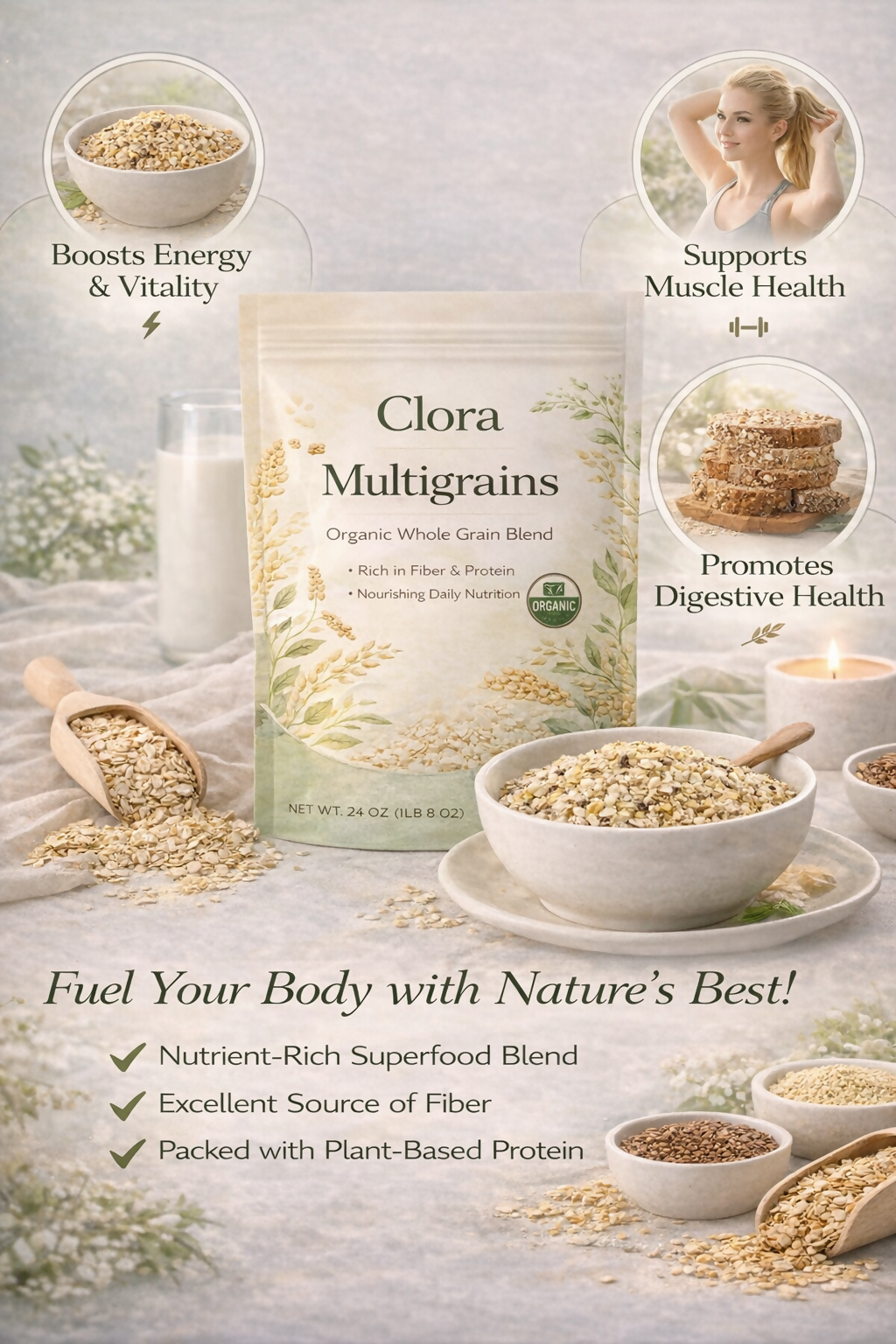 clora Multigrain | 480g | 5 Super Grains-Rolled Oats, Ragi, Quinoa, Jowar, Barley | Helps Reduce Cholesterol, Helps Manages Weight, Reduce Risk of High BP, Aids Digestion