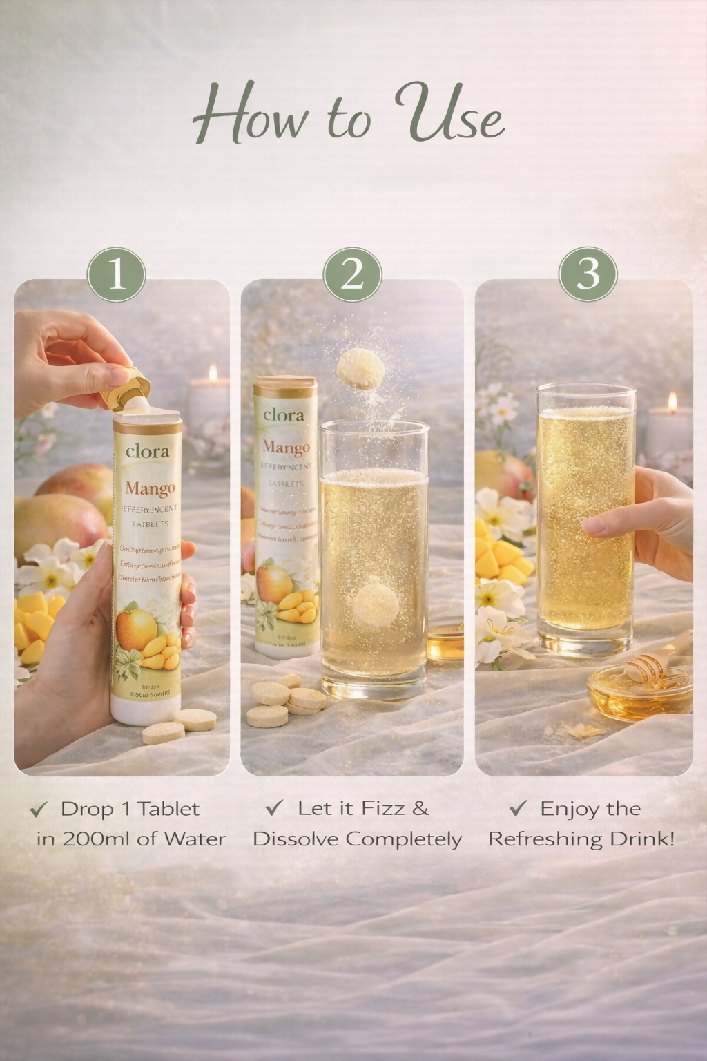 clora mango Cider Vinegar Effervescent Tablet with mother | Supports Metabolism & Appetite Control I With 500mg ACV, Vit B6 & B12 I No Maltodextrin, No Added Sugar