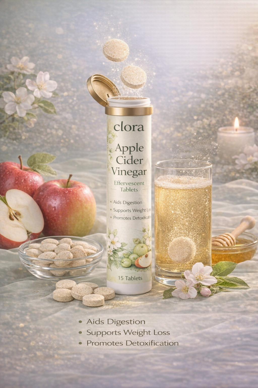 clora Apple Cider Vinegar Effervescent Tablet with mother | Supports Metabolism & Appetite Control I With 500mg ACV, Vit B6 & B12 I No Maltodextrin, No Added Sugar