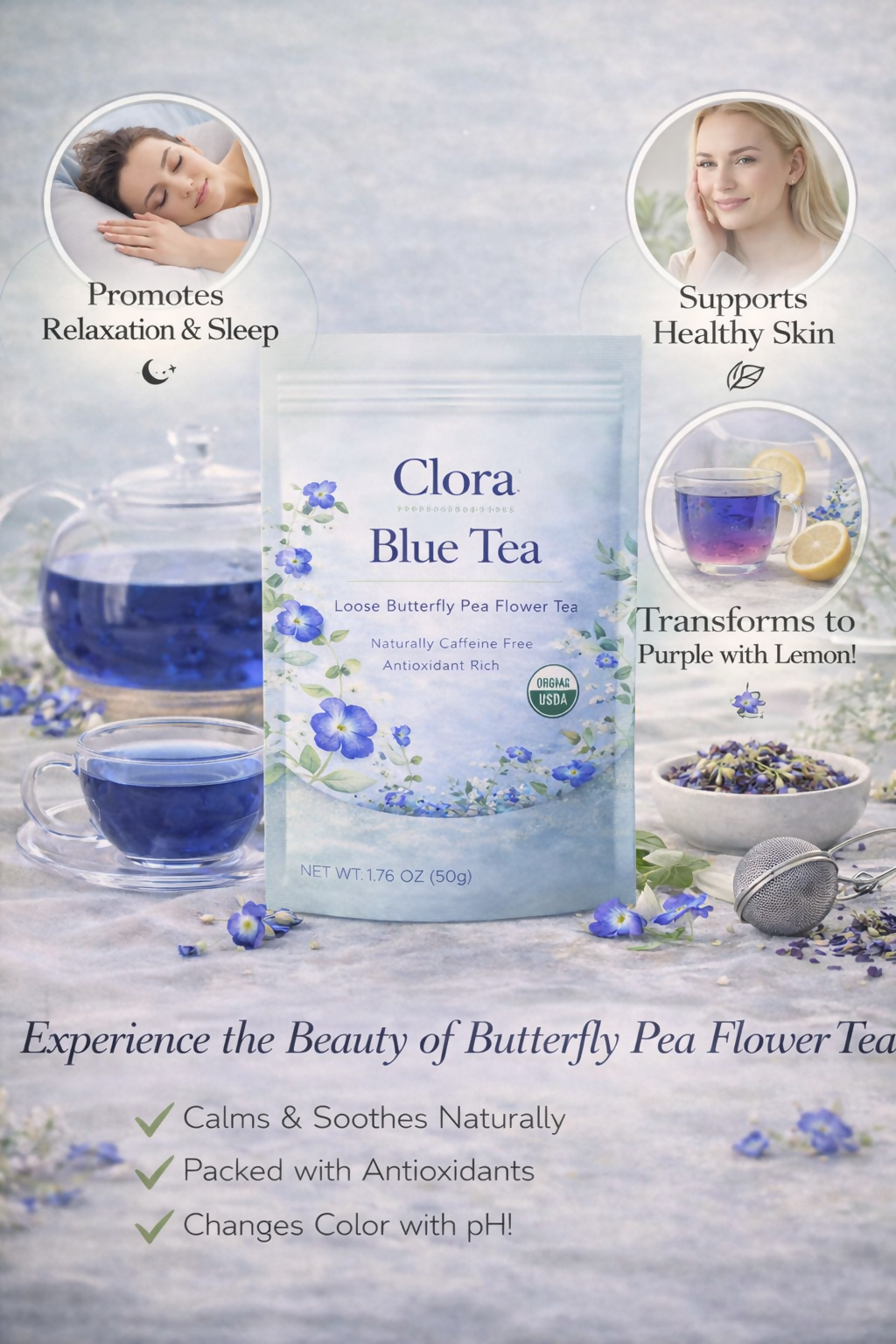clora- Butterfly Pea Flower Tea - 30gm - 60+ Cups | SUPER ANTIOXIDANT | Caffeine Free || Aparajita - Shankhpushpi || Flower Based - Herbal Tea | Reusable Pet Jar