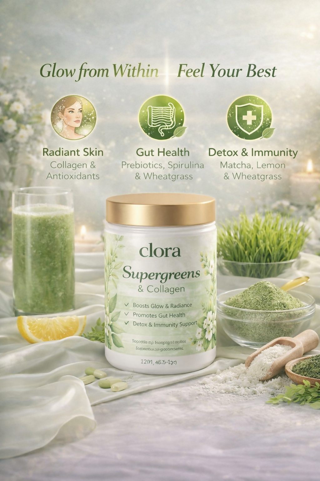 clora Ultimate Health Powder for Women & Men | Daily Supplement with 63+Vitamins, Minerals, Probiotics, and Superfoods | Daily Greens | Gut Health supplement, Energy, Immunity (15 Servings)